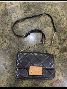 Michael Kors Black Quilted Leather Crossbody Bag with Gold Hardware